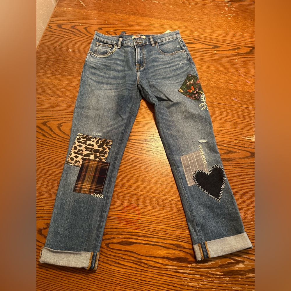 Johnny Was Blue Patchwork Ankle Jeans with Mixed Prints